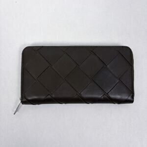 Bottega Veneta Intrecciato Large Woven Leather Long Zip Wallet Dark Brown/Olive